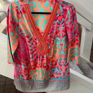 Hale Bob cabana silk vibrant print beaded shirt M